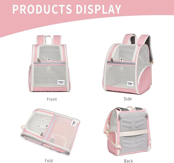 Cat Backpack Carrier for Small Dogs and Medium cat Puppy Kitten Bunny Pet Carrier Backpack Collapsible with Fully Ventilated Mesh with Safety Leash (Pink, 12.9" L x 10.62" W x 15.5" H - M)