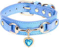 THAIN Fashion Dog Collar with Bling Diamonds & Heart Charm – 5 Holes Adjustable PU Leather Rhinestones Necklace Collar, Gold Buckle for Small Dogs Girl boy (Blue, XS)