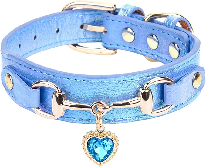 THAIN Fashion Dog Collar with Bling Diamonds & Heart Charm – 5 Holes Adjustable PU Leather Rhinestones Necklace Collar, Gold Buckle for Small Dogs Girl boy (Blue, XS)