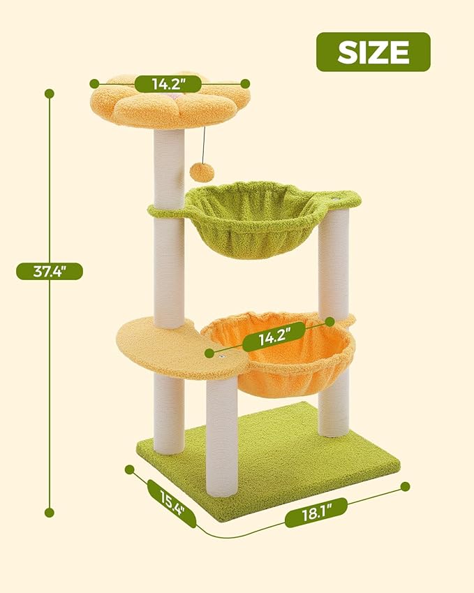 Flower Cat Tree with 2 Large Hammocks, 37.4" Small Cat Tower for Indoor Kitty with 6 Scratching Posts, Cute Cat Tree with Flower Top Perch, Yellow