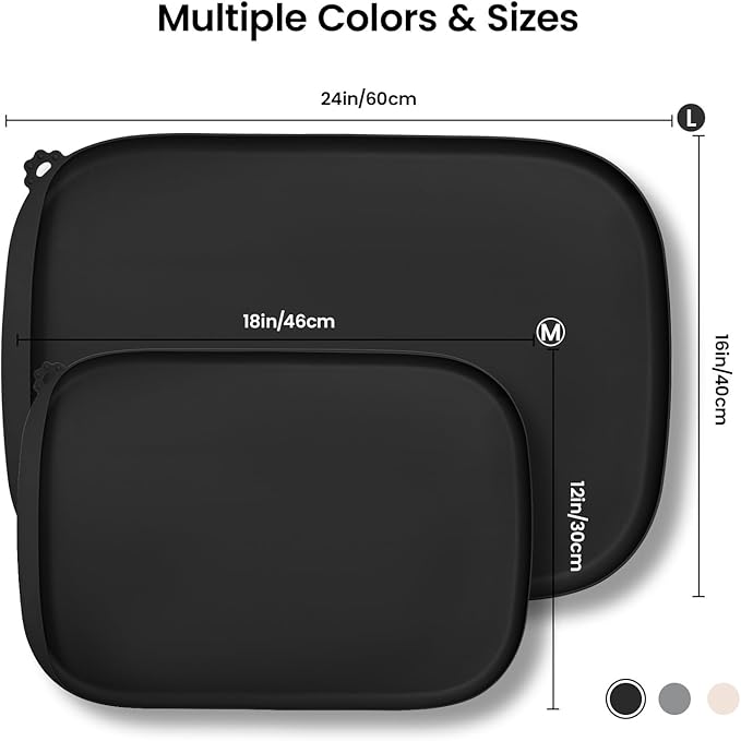 Silicone Dog Food Mat with Side Pocket & Hook Hole, Soft Raised Edges, Easy Clean Waterproof Non-Slip Pet Feeding Mat for Cats and Dogs Water Bowl, Pets Accessories(24"x16",Black)