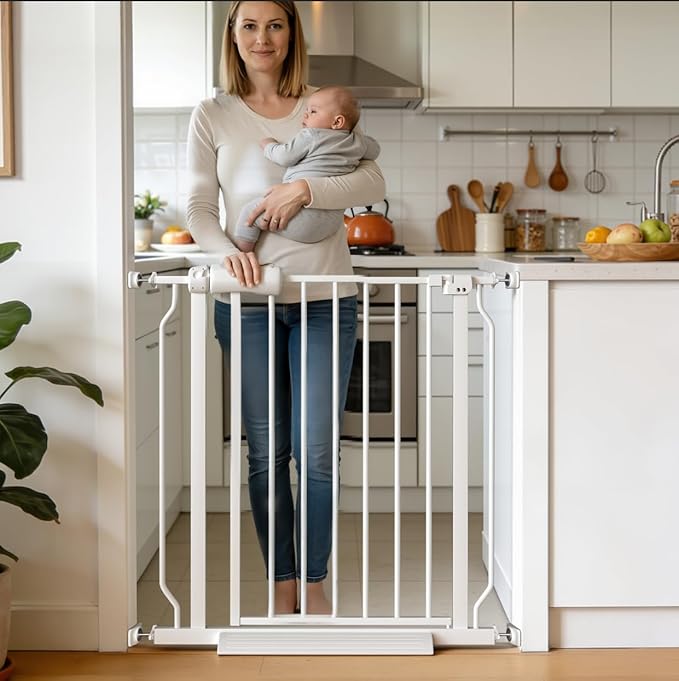 Narrow Baby Gate 24 to 29 Inch Wide Pet Gate Pressure Mounted No Drill Safety Gate Walk Through Metal Child Gate for Kids Stairs or Pets Indoor White
