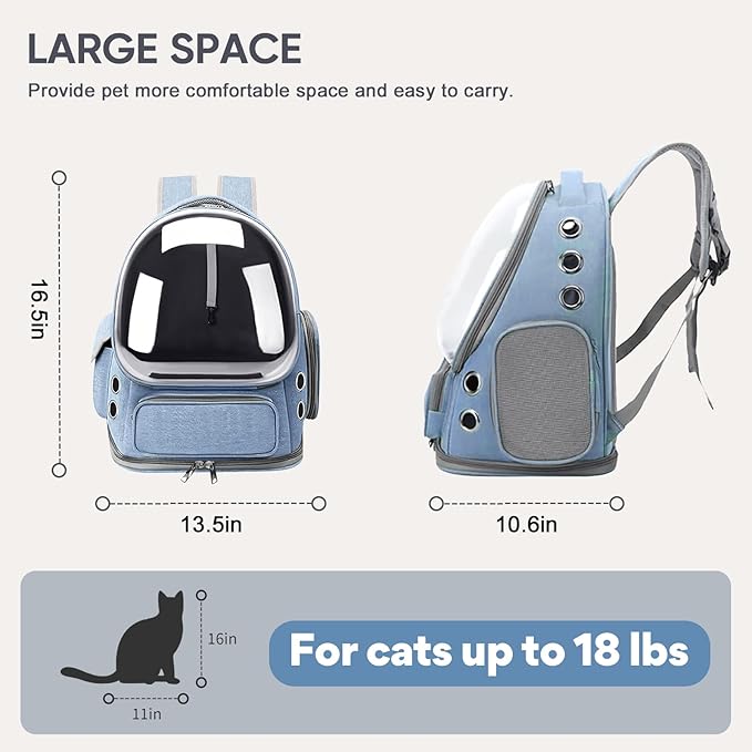 Cat Backpack Carrier, Breathable Cat Bubble Backpack for Kitty & Small Dog, Large Space Cat Carrier Backpack, Foldable Airline Approved Carrier for Trip Vet Travel up to 18lbs（Blue）