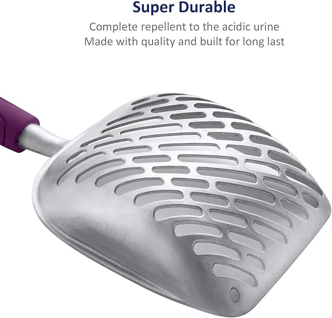 WePet Cat Litter Scoop, Aluminum Alloy Sifter, Kitty Metal Scooper, Deep Shovel with Diagonal Sifting Hole, Long Handle, Kitten Poop Lifter for Litter Box, Medium Size, Violet Handle