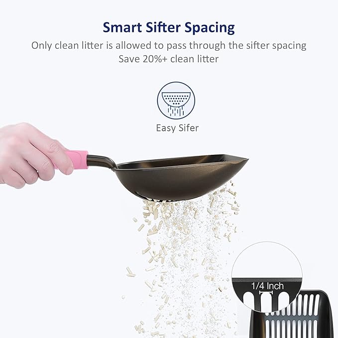 WePet Cat Litter Scoop, Non-Stick Plated Aluminum Alloy Sifter, Kitty Durable Metal Scooper, Deep Shovel, Long Handle, Kitten Pooper Lifter, Size Medium, Coated Black Body with Pink Handle