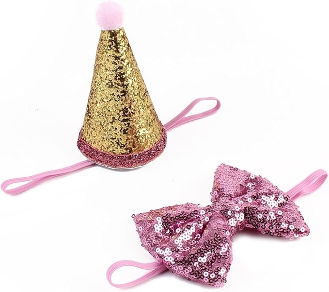 Stock Show Pet Cute Birthday Party Cone Hat and Bow tie Collar Set with Adjustable Headband and Pom-poms Topper for Small Medium Dogs Cats Pets (Pink)