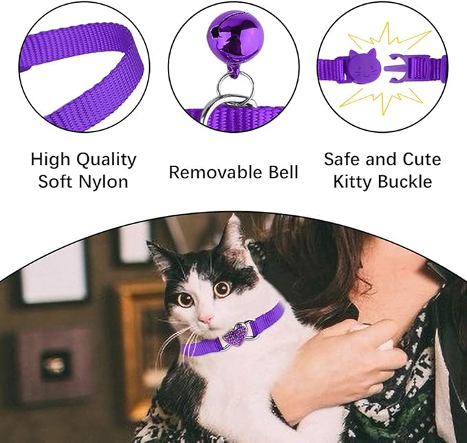 2 Pcs Cat Collars Heart Bling Breakaway with Bell Nylon Adjustable for Kitty (Pink+Purple)