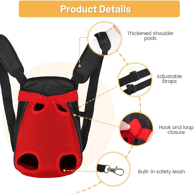 Inspack Dog Backpack Carrier/Cat Carrier, Adjustable Pet Front Carriers Travel Bag for Puppy Medium Dogs, Legs Out, Soft Ventilated Doggie Chest Carry Backpacks for Hiking/Camping, 4-7 lbs, Red