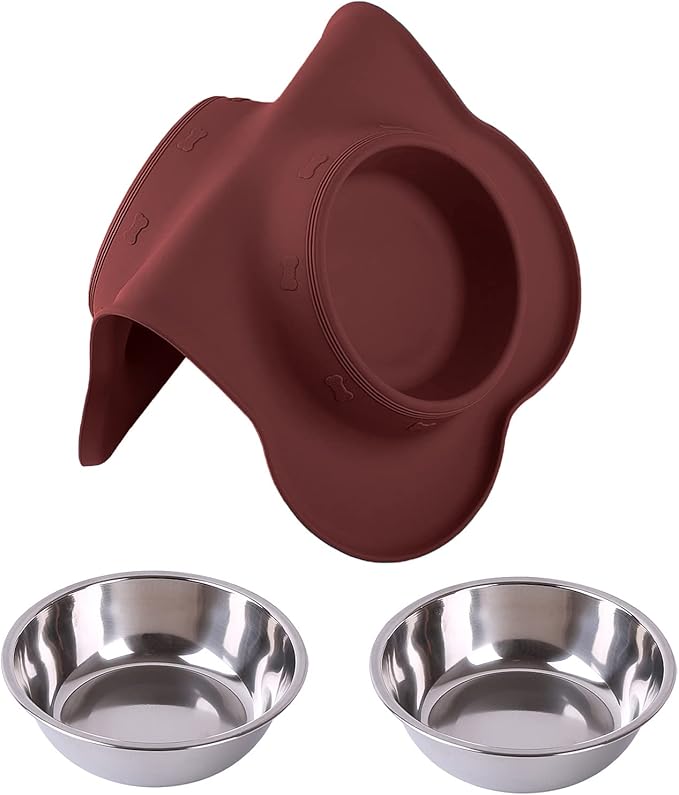 Hubulk Pet Dog Bowls 2 Stainless Steel Dog Bowl with No Spill Non-Skid Silicone Mat + Pet Food Scoop Water and Food Feeder Bowls for Feeding Small Medium Large Dogs Cats Puppies (Burgundy, Small)
