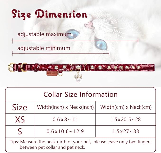 PetsHome Cat Collar, Dog Collar, [Bling Rhinestones] PU Leather Adjustable Pet Collar with Luxury Pendant for Cat and Small Dog Extra Small Wine Red