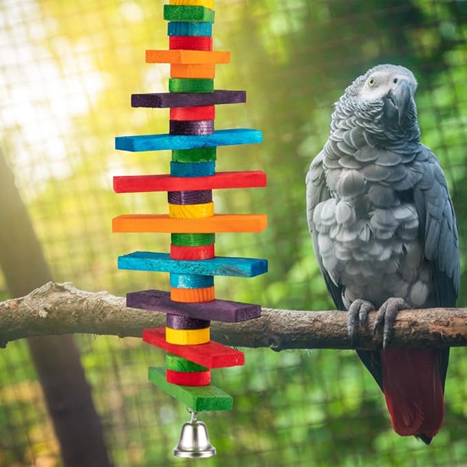MEWTOGO 2Pcs Bird Toys - Parrot Toys with Multicolored Natural Wooden Blocks, Bird Chewing Sticks Toys for Conures Parakeets Cockatiels Lovebirds African Grey Macaws Amazon Parrots Gift