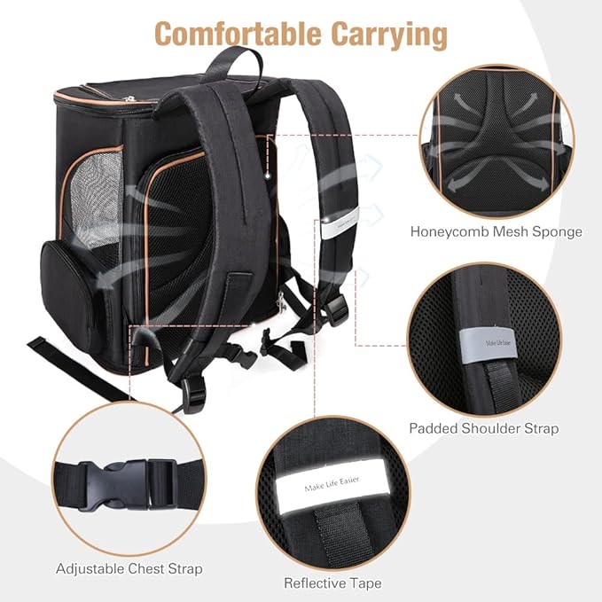 Lekereise Large Cat Backpack Carrier Expandable Pet Carrier Backpack for Small Dogs Medium Cats Fit Up to 18 Lbs, Foldable Puppy Backpack Carrier for Travel, Hiking, Black