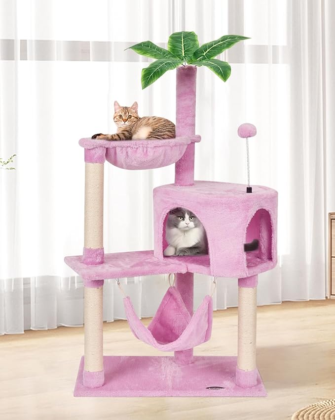 KIYUMI Cat Tree Cat Tower Condo with Sisal Scratching Post for Indoor Cats Tree Furniture with Hammock Perch and Kitten Ball Toys, Multi-Level Pet Activity Center Pink