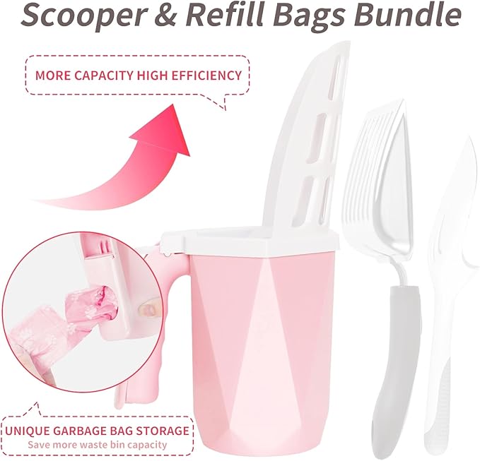 Cat Litter Scoop, Cat Litter Scooper with Holder and 150 Cat Poop Bags for Litter Box: Removable Litter Sifter Shovel and Large Capacity Trash Can, Portable Kitty Poop Scooper Built in Bags (Pink)