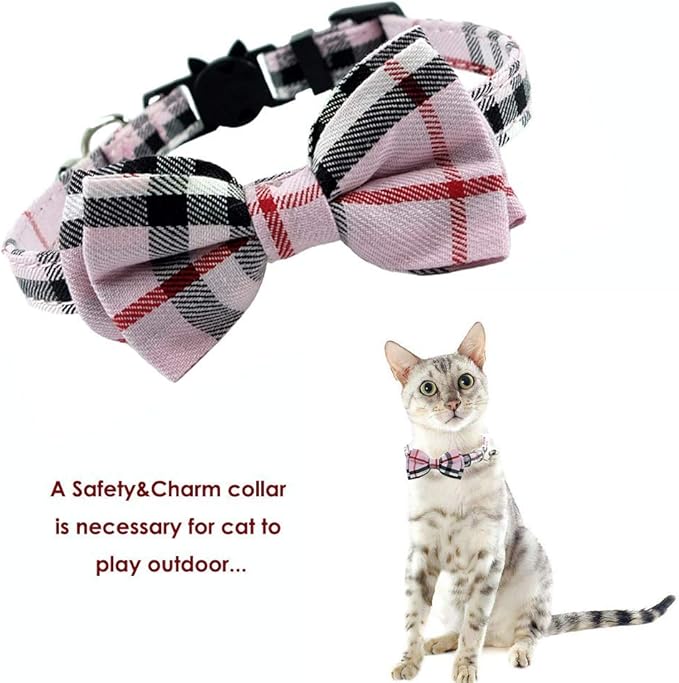 Cat Collar Breakaway with Bell and Bow Tie, Plaid Design Adjustable Safety Kitty Kitten Collars Set of 2 PCS(6.8-10.8in) (Pink&Cyan Plaid)