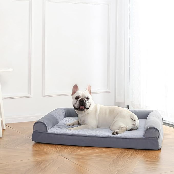Amazon Basics Living Room Couch Dog Bed with Premium Foam, Non-Slip Bottom, Removable Washable Cover, Pressure-Relief Support for Dogs up to 55lbs, Large (36" x 27"), Grey