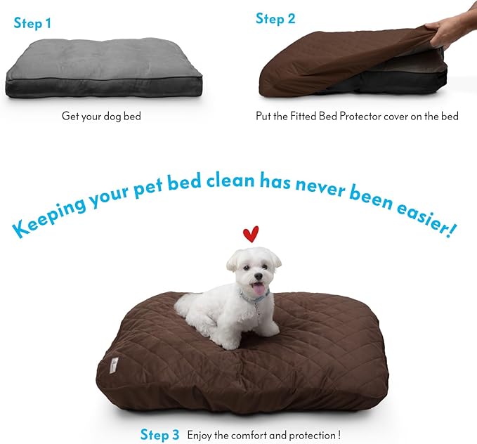 Paw Inspired Waterproof Fitted Cover for Dog Bed | Washable Bed Protector for Dog Mattress | Removable Replacement Cover for Small to Medium Pet Bed (Dark Brown, 34 x 23 x 5 Inch)