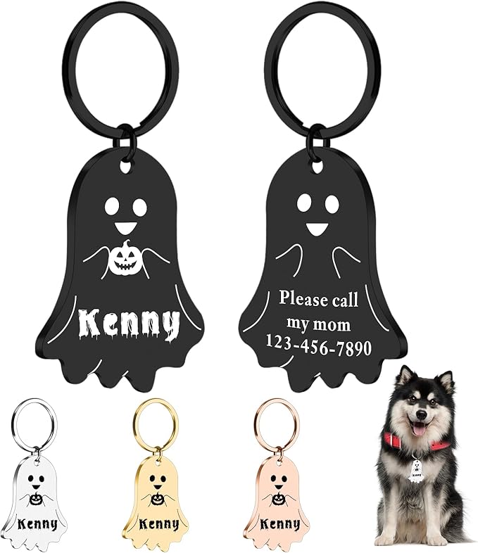 Personalized Pet Tags for Dog Cat, Custom Halloween ID Tags for Dogs, Dog Name Tags Engraved for Pets, Boo Basket Stuffers, Halloween Gifts for Dogs Lovers (Ghost)