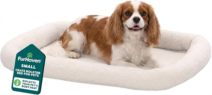 FurHaven Dog Bed for Small Dogs & Cats, Bolster Crate Pad with Soft Supportive Base for Carriers & Kennels, Machine Washable, Small, Sherpa Fleece, Cream
