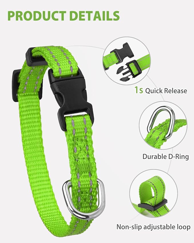Joytale Small Dog Collar, Reflective and Adjustable Nylon Collar with Quick-Release Buckle, Lightweight No-Choke Design for Puppy and Extra Small Dogs, Green, XS