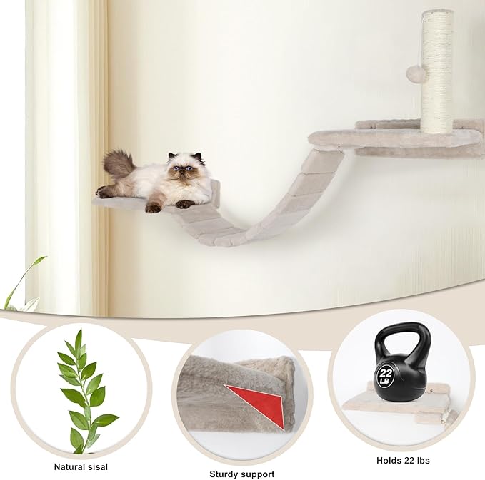 Cat Wall Shelves Climber Systems, Set of 7 Heavy Duty Wall-Mounted Cat Furniture Set with Scratcher Post, Bridge Ladder, Wooden Platform and Hanging Ball for Kittens, Large Cats