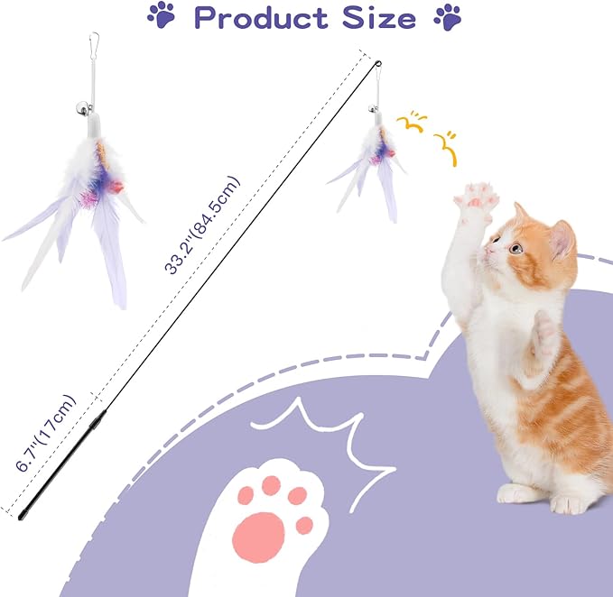 Pawaboo Feather Teaser Cat Toy, Interactive Feather Wand Cats Toy Flying Feathers Cat Catcher with Extra Long 34.5" Wand and Small Bell, Exerciser Playing Toys for Kitten or Cats, Purple