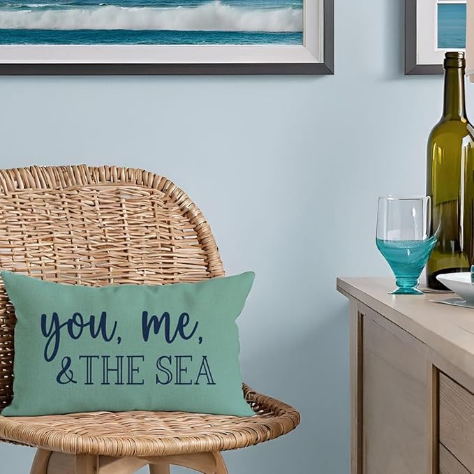 PANDICORN Summer Beach Throw Pillow Cover 12x20 Inch Blue Words You Me and The Sea Ocean Sea Coastal Aqua Outdoor Decorations Lumbar Decorative Cushion Case for Sofa Couch Home Living Room Decor