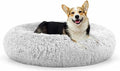 Original Calming Donut Dog and Cat Bed in Shag Fur, Dog Beds for Melium Dogs, Anti Anxiety Round Fluffy Plush Faux Fur Pet Bed, Light Grey, 27.6'' x 27.6''
