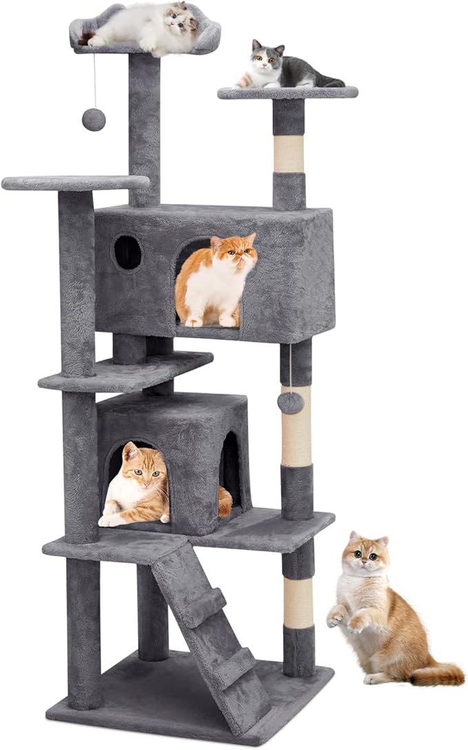 Athena Collection Cat Tree, 62 Inch Cat Tree Tower for Indoor Cats, Multi-Level Cat Tower House Activity Center with 2 Cat Condo & Scratching Post & Dangling Ball, Tall Cat Climbing Tower, Darkgray