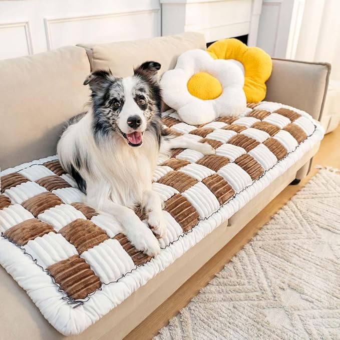 FUNNY FUZZY Pet Couch Covers for Sofa, Couch Covers for Dogs Washable Dog Couch Cover Protector Cream-Colored Furniture Sofa Covers for Dog Handmade Pure Cotton Pet Bed Mat (Brown, 27.6"×59.1")
