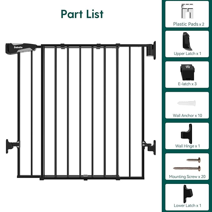 Babelio Baby Gate for Stairs & Doorways, 26-43" W 34" H Extra Tall| No Bottom Bar| Easy Installation| One-handed Operation| Auto-close| Hardware Mount (Drill Needed) Safety Dog/Pet Gate Indoor (Black)
