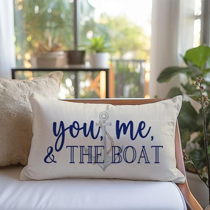 PANDICORN Lake Throw Pillow Cover 12x20 Inch Blue Words You Me and The Boat Ocean Sea Coastal Outdoor Spring Summer Decorations Lumbar Decorative Throw Pillow Case for Home Living Room Couch Decor