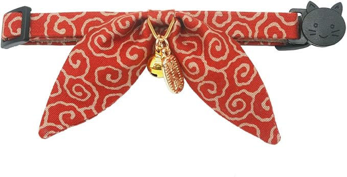 PetSoKoo Bunny Ears Cat Collar, Japan Lucky ‘開三運’ Charm. Safety Breakaway Bowtie Kitten Collar with Bell, Red