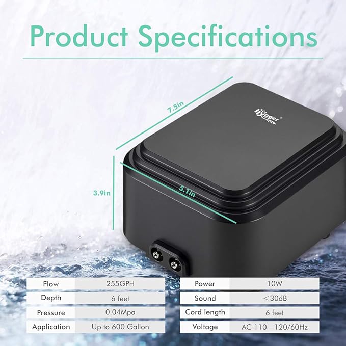 hygger Quiet <30dB Aquarium Air Pump, Adjustable Low Decibel Oxygen Fish Tank Pump 2 Air Outlets Ultra Silent Powerful Aerator Pump with Accessories Max 80GPH/160GPH/255GPH(10W, Up to 600Gallon)