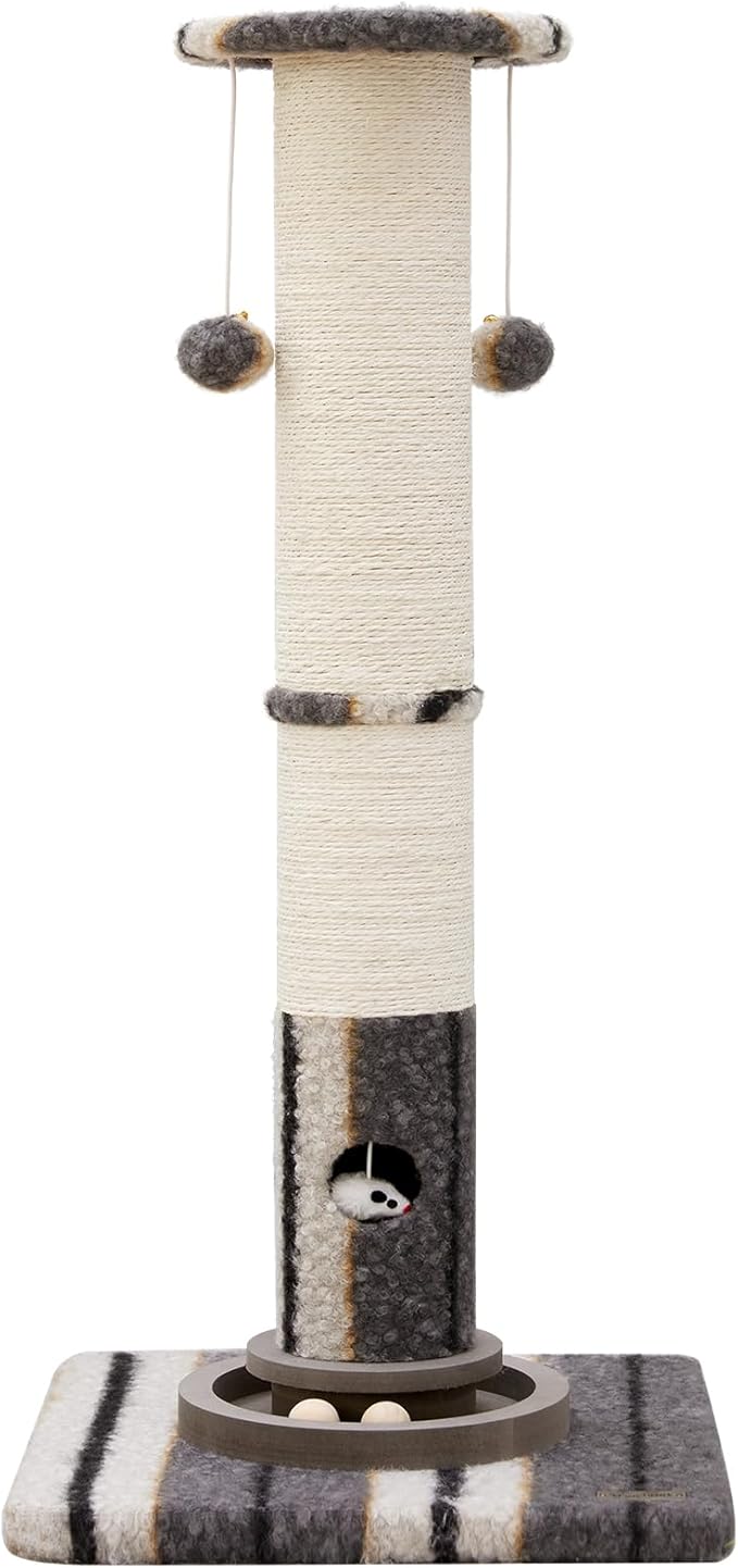 34inches Cat Scratching Post Sisal Cat Scratcher with Cat Ball Track Toy Heavy Duty and Thicker Large Diameter Natural for Adult Cats and Kitty Protect Your Furniture（Grey）