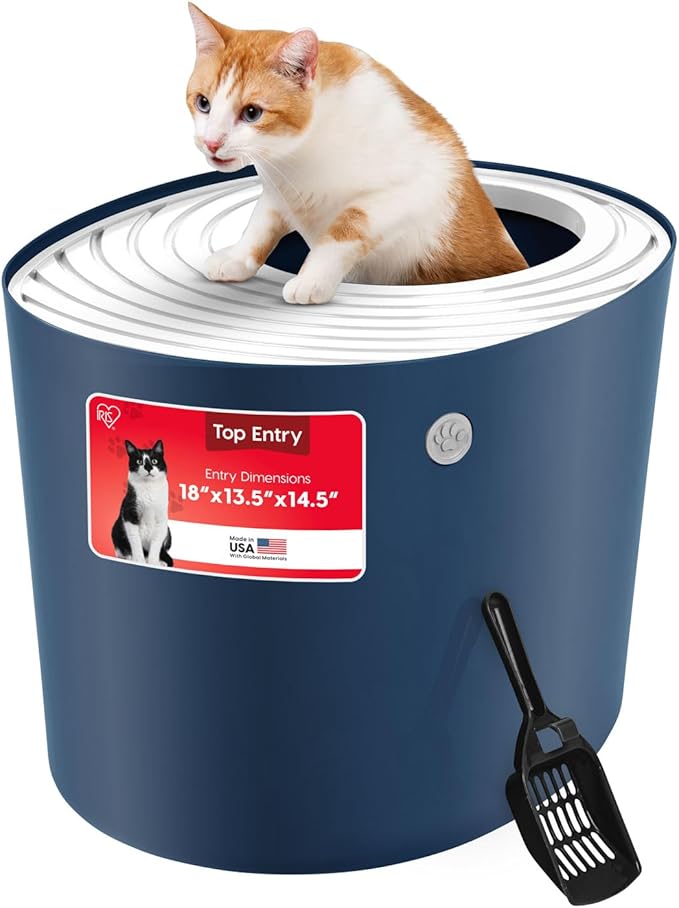 IRIS USA Cat Litter Box, Large Top Entry with Litter Catching Lid and Scoop, Dog Proof, Cat Box Enclosure, Navy/White