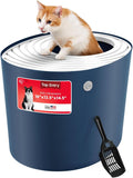 IRIS USA Cat Litter Box, Large Top Entry with Litter Catching Lid and Scoop, Dog Proof, Cat Box Enclosure, Navy/White