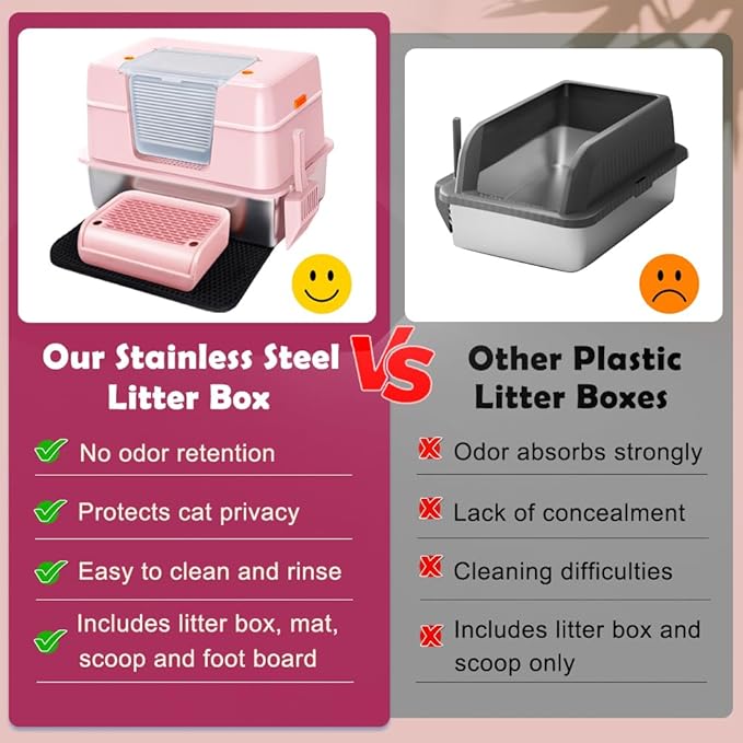 Vivifying Pink Stainless Steel Covered Cat Litter Box – Odor-Control, Easy-Clean Modular Enclosed Kitty Toilet, Elegant Design for Stylish Cat Moms