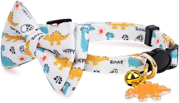 2 Pack Cotton Cat Collar with Bow Tie and Bell for Girl Boy Cats,Cute Pink Flamingo and Blue Whale Pattern Spring Summer Breakaway Cat Collar for Male Female Cats (Dinosaur)