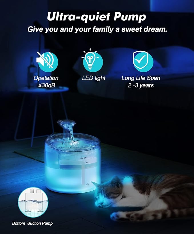 NPET WF100 Cat Foutain, 54oz/1.6L Automatic Pet Water Fountain Dog Water Dispenser with 2 Flow Modes, Bottom Suction LED Light Quiet Pump for for Cats & Small Dogs