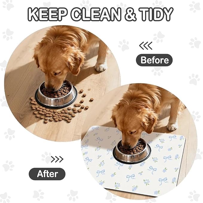 Dog Food Mat for Pet Cat Food Mat, Blue Bows Floral Absorbent Quick Dry Dog Bowl Mats for Food and Water, Non-Slip Cat Pet Feeding Mats for Floor Placemats 12"x20"