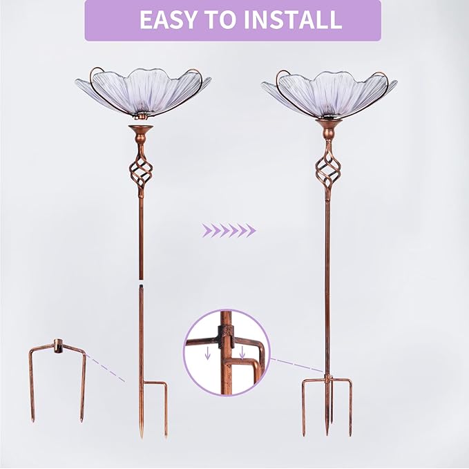 MUMTOP 31 Inch Height Glass Birdbath Birdfeeder with Metal Stake Garden Yard Outdoor Purple