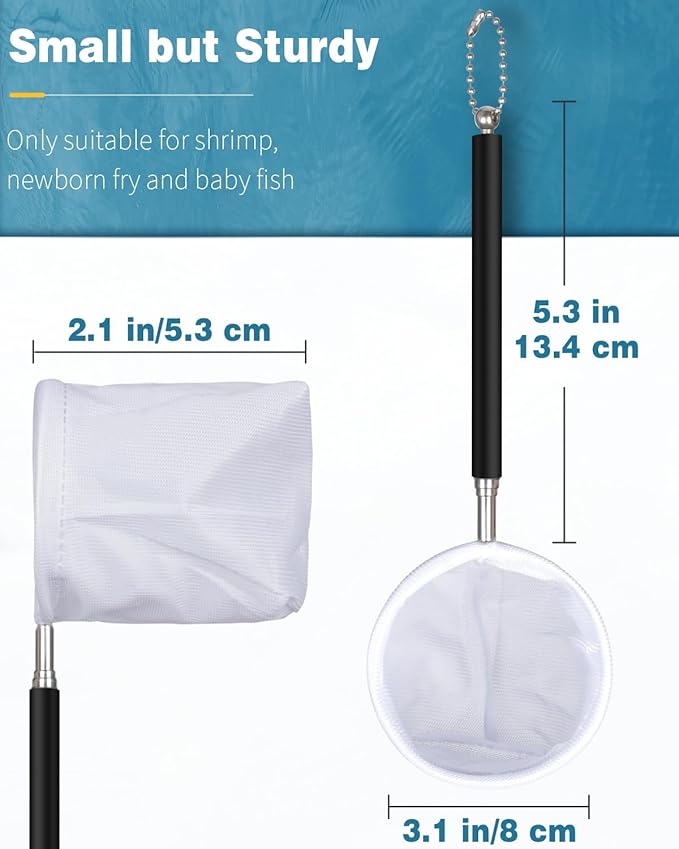 Pawfly Aquarium Shrimp Net - 3 Inch Tiny Fish Tank Net With Extendable Stainless Steel Handle, Soft Round Fine Mesh for Baby Fish, Food Residue, and Debris Skimming in Tanks & Small Ponds