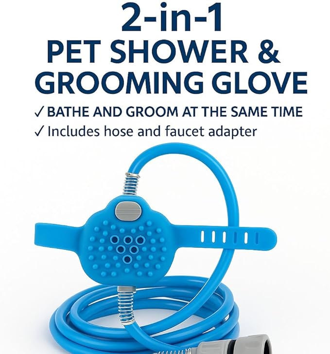 Dog Shower & Grooming Glove – 2-in-1 Pet Bathing Tool with Hose & Faucet Adapters – Indoor/Outdoor Sprayer for Dogs & Cats