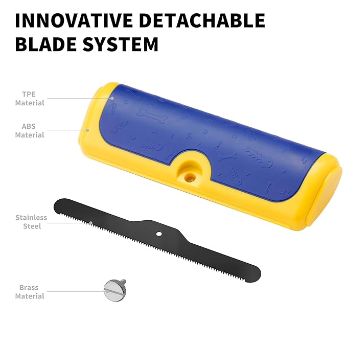 Dog Deshedding Brush & Shedding Blade, Everyday Undercoat Grooming Tool for Short & Medium Fur and Double Coats, Replaceable Metal Blade, Ergonomic Handle, Blue & Yellow