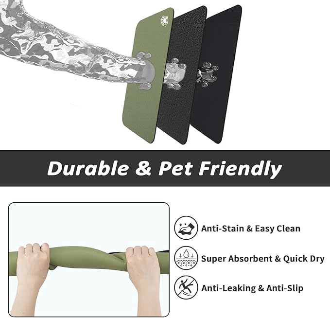 Dog Food Mat - Absorbent Cat Mat for Food and Water, No Stains Pet Feeding Bowl Mat, Easy to Clean Pet Placemats, Quick Dry Dog Water Dispenser Mat for Messy Drinkers | Paw Green 18"x34"