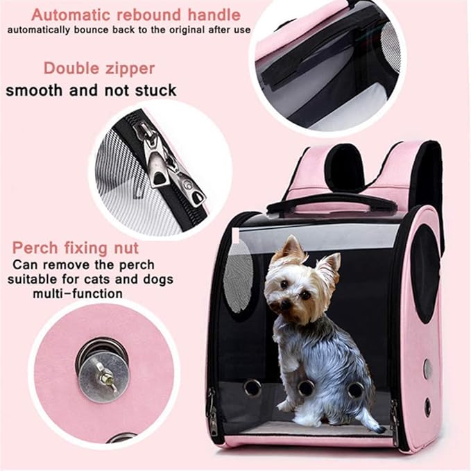 Bird Carrier Clear Parrot Outing Backpack APET Transparent Acrylic Bird Travel Carrier Parrot Travel Cage Panoramic Pet Backpack for Puppy Kitten 33x38x17cm (Pink)