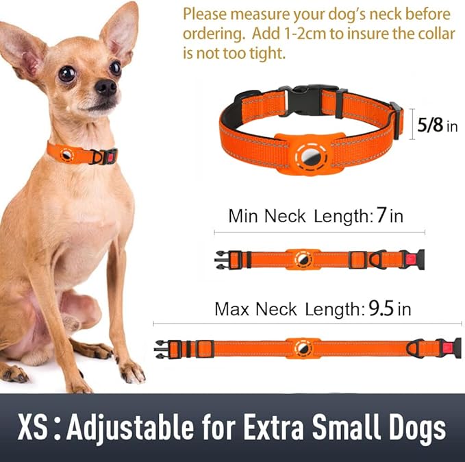 Airtag Dog Collar with AirTag Holder for Puppy Small Dogs, Reflective, Soft Padded & Safety Locking Buckle, Nylon Pet Collars Adjustable for All Breeds, Orange,XS