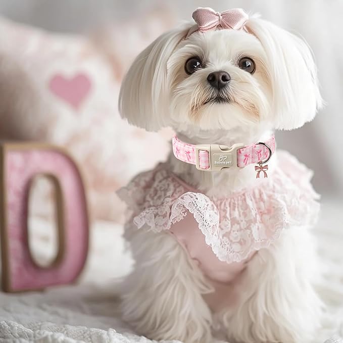 Girl Dog Collar for Small Dogs - Cute Pink Plaid & Bow Print Spring/Summer Puppy Collar, Soft Adjustable Holiday Female Dog Collars with Quick Release Buckle S