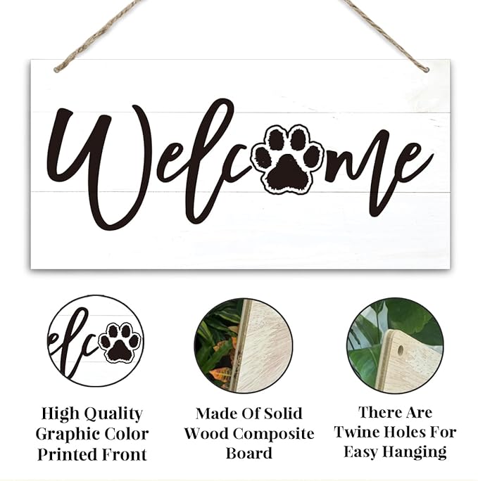 Welcome Sign for Front Door, Welcome Decor Wooden Hanging Sign for Wall Decor, Cat's Paw Pattern Wall Signs, Rustic Funny Wooden Outdoor Front Door Hanging Decoration 13.8X6.9 inches
